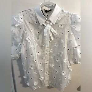 Sister Jane puff sleeve floral appliqué white bow tie blouse pearl buttons